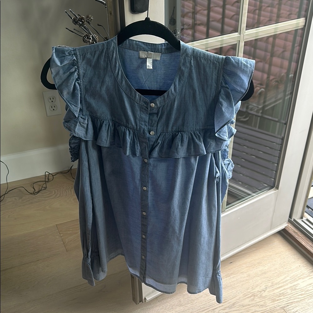 Joie  Blue Blouse with Ruffled Cap Sleeves and Mandarin Collar